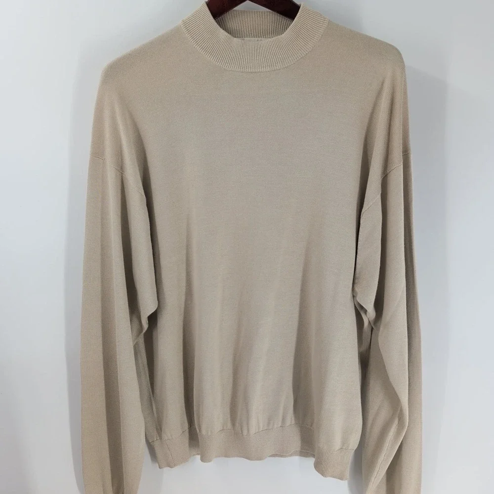 Vintage Pronto Uomo Knit Silk Blend Mock‎ Neck Pullover Sweater Beige Size XL